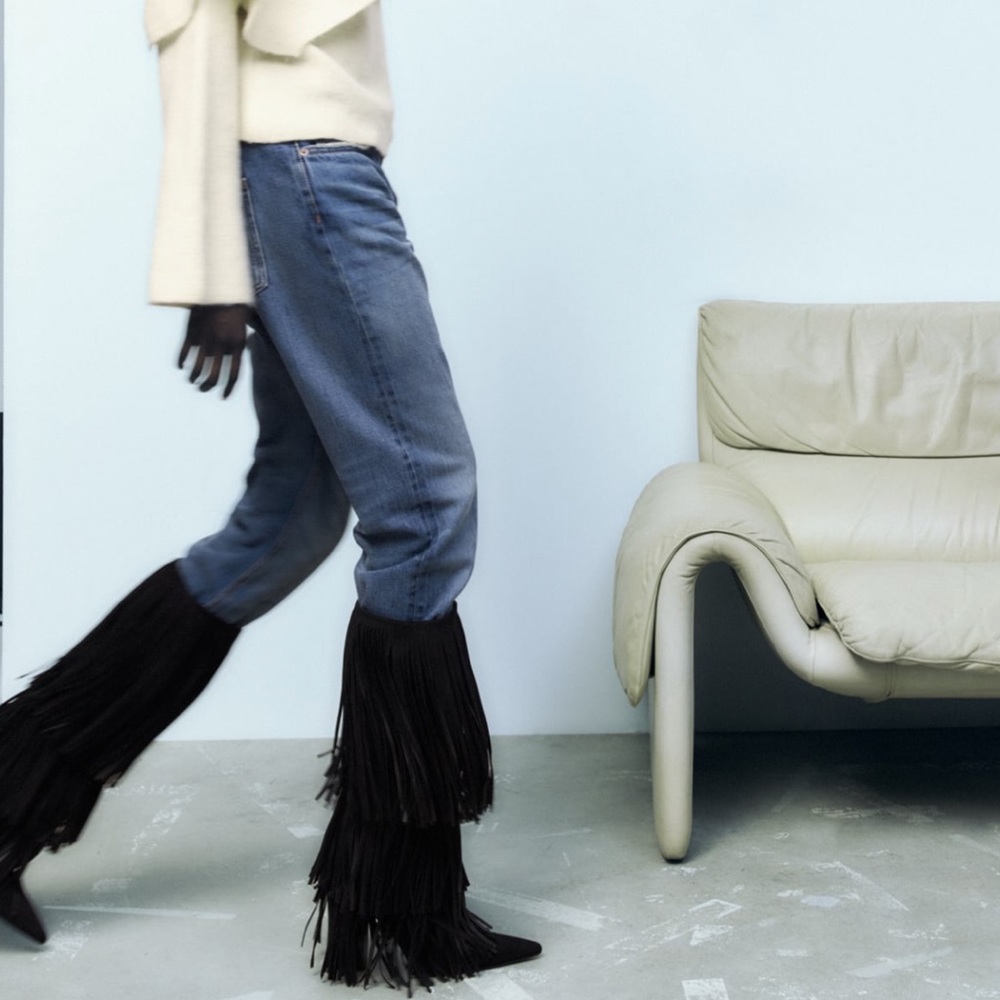 Zara FRINGED HEELED LEATHER KNEE HIGH BOOTS